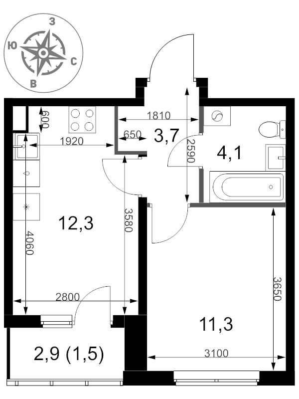1 ккв 32,9 м²