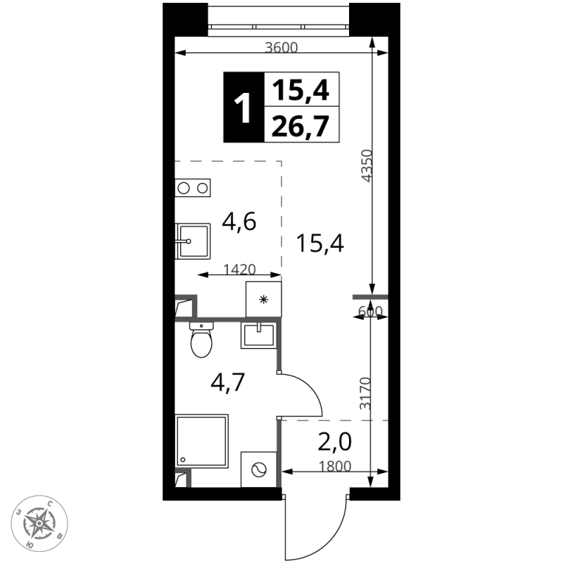 Студия 26,7 м²