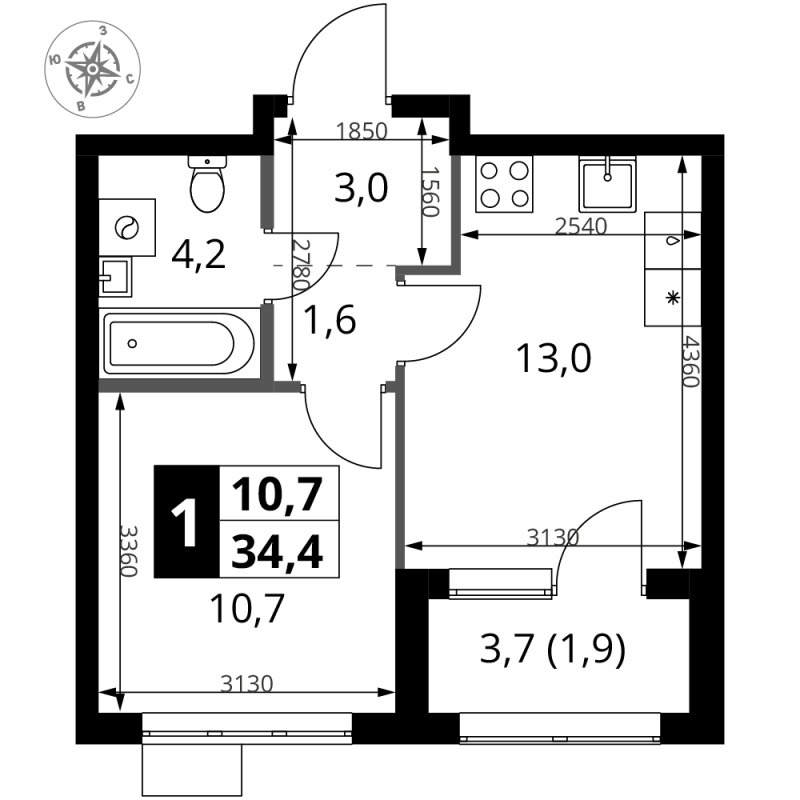 1 ккв 34,4 м²