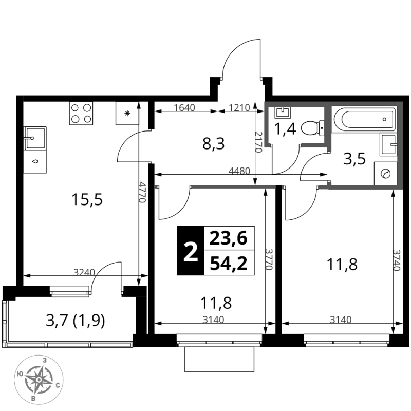 3 ккв (Евро) 54,2 м²
