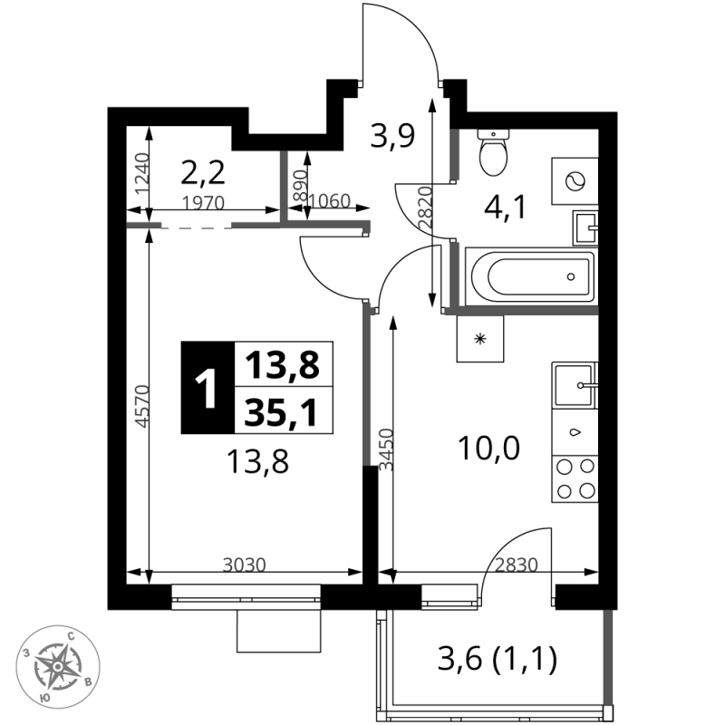 1 ккв 35,5 м²