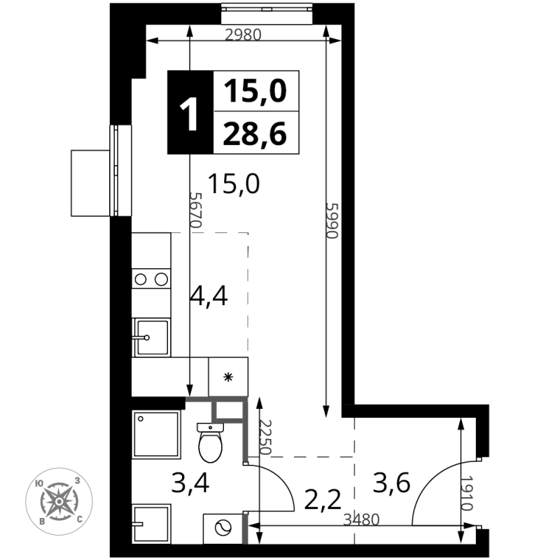 Студия 28,6 м²