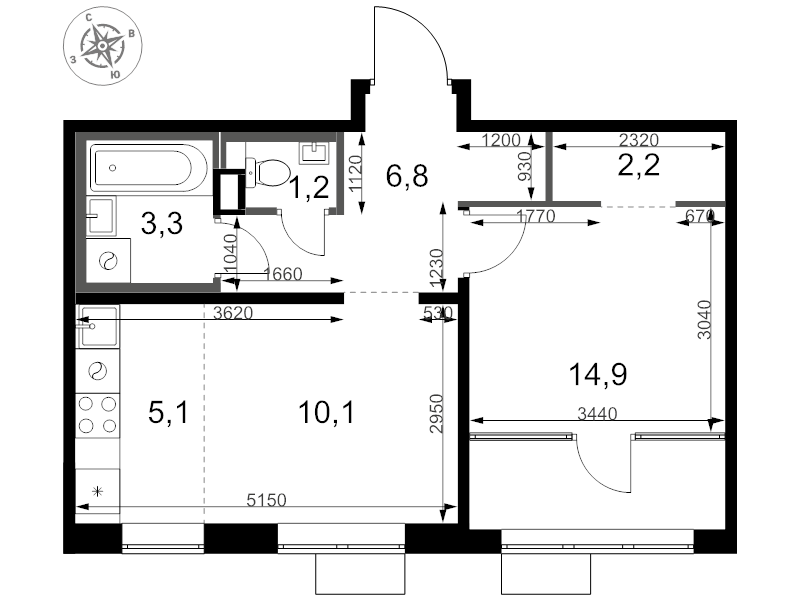 2 ккв (Евро) 43,6 м²