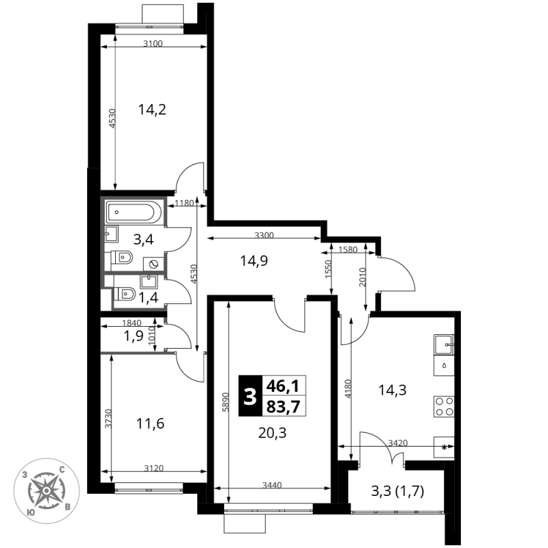 3 ккв 83,8 м²