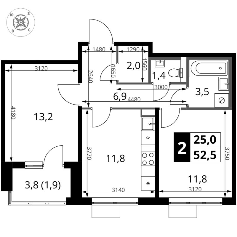 2 ккв 52,5 м²