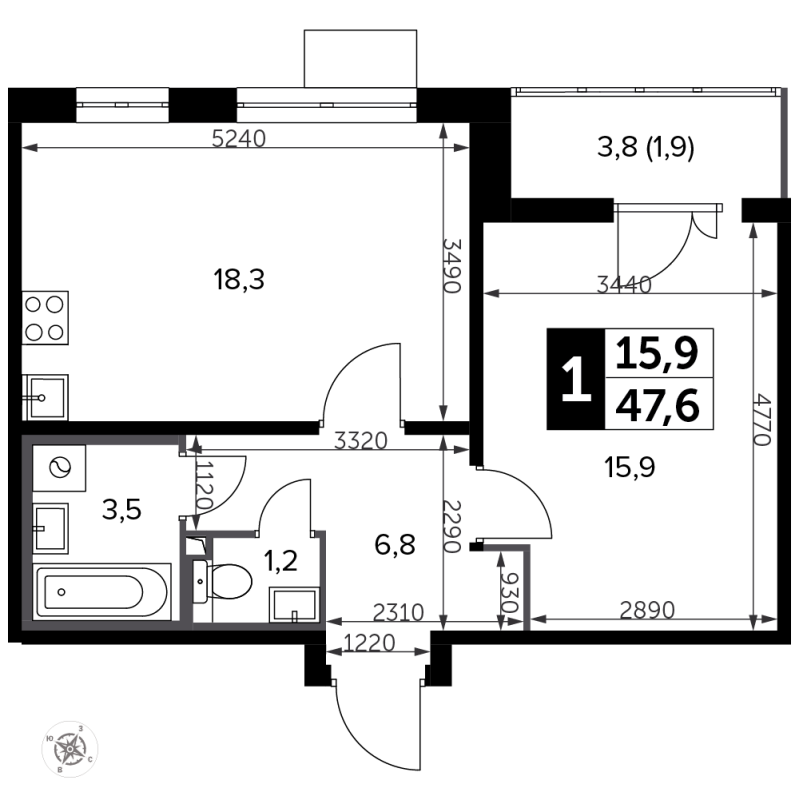 2 ккв (Евро) 47,7 м²