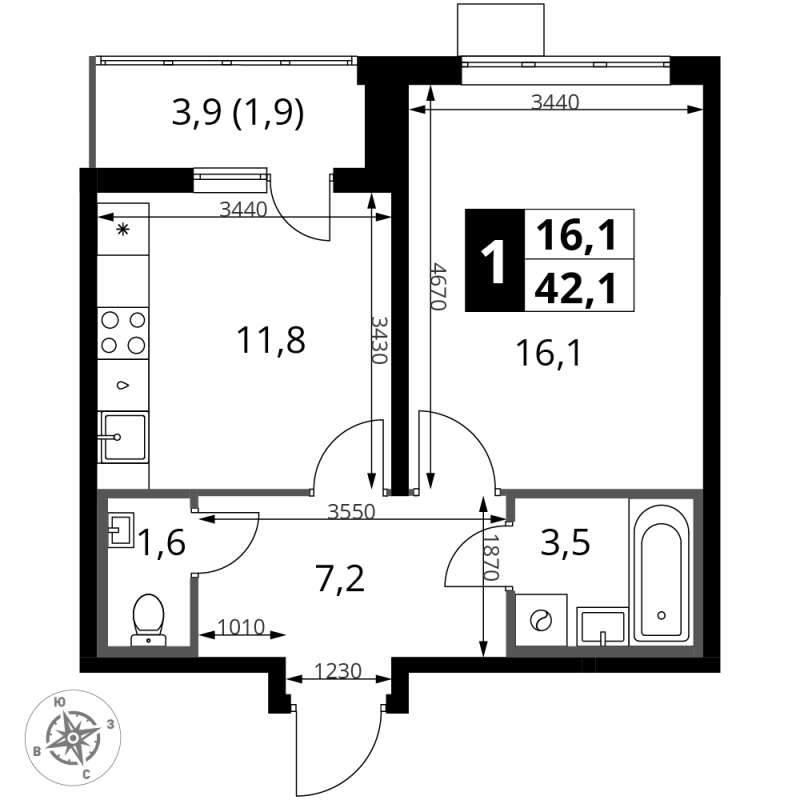 1 ккв 42,1 м²