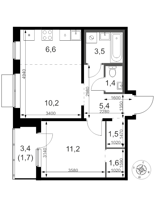 2 ккв (Евро) 44,2 м²