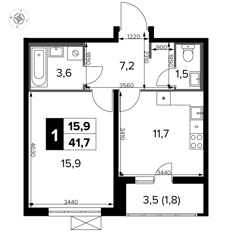 1 ккв 42,9 м²