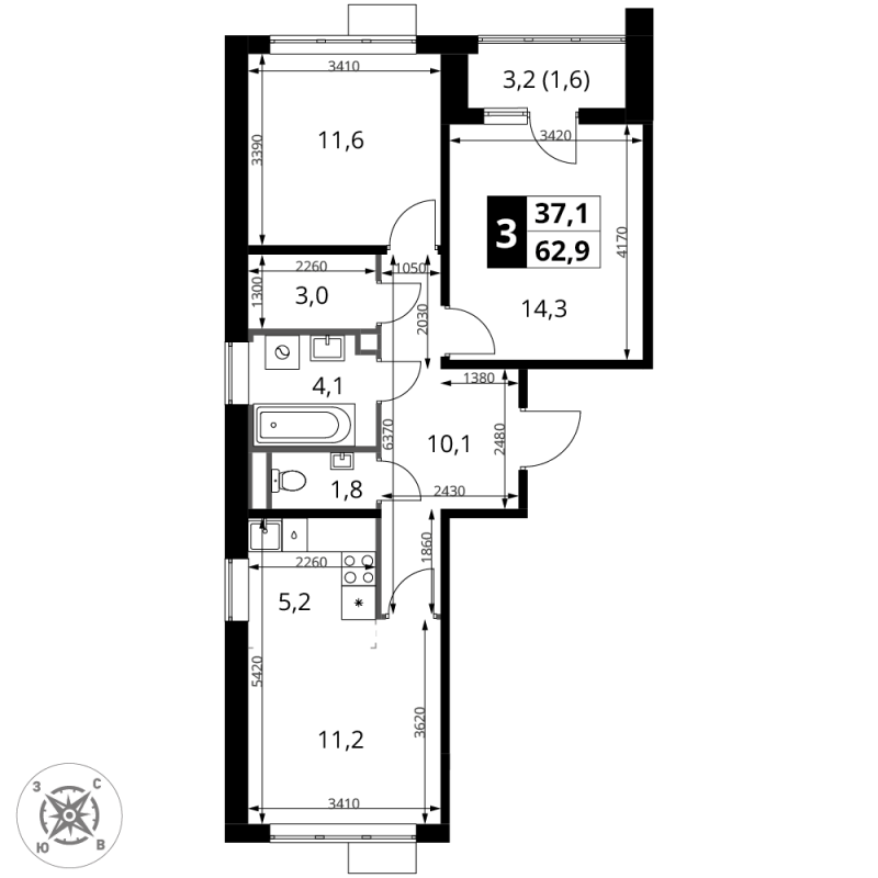 3 ккв (Евро) 62,9 м²