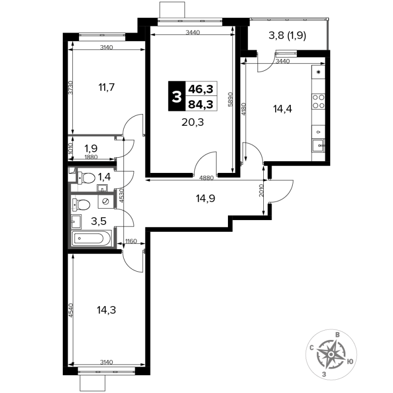3 ккв 84,3 м²