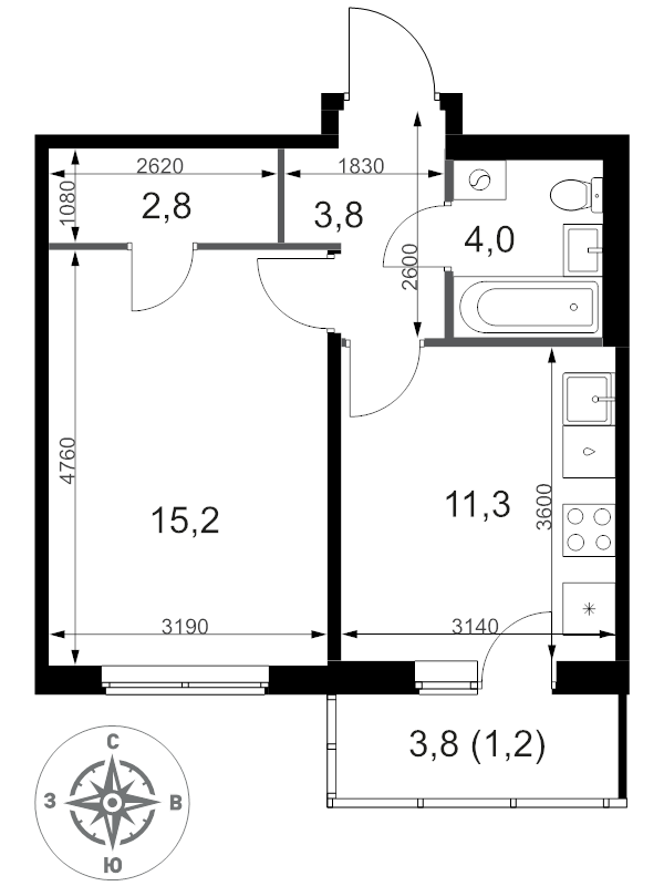 1 ккв 38,3 м²