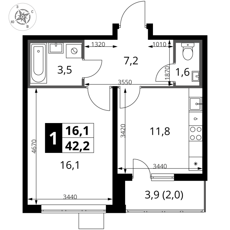 1 ккв 42,1 м²