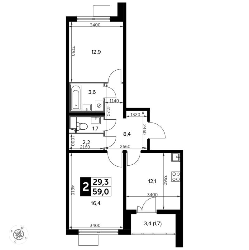 2 ккв 59,7 м²