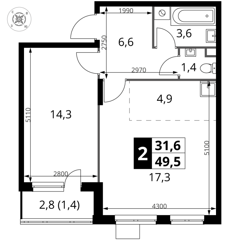 2 ккв (Евро) 49,5 м²