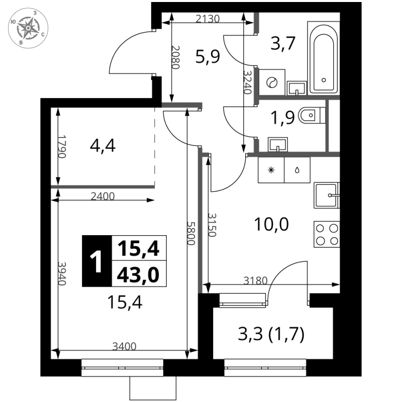 1 ккв 43 м²