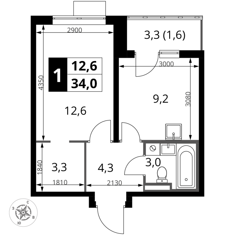 1 ккв 34 м²