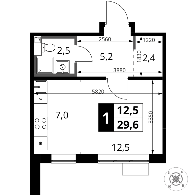 Студия 29,6 м²