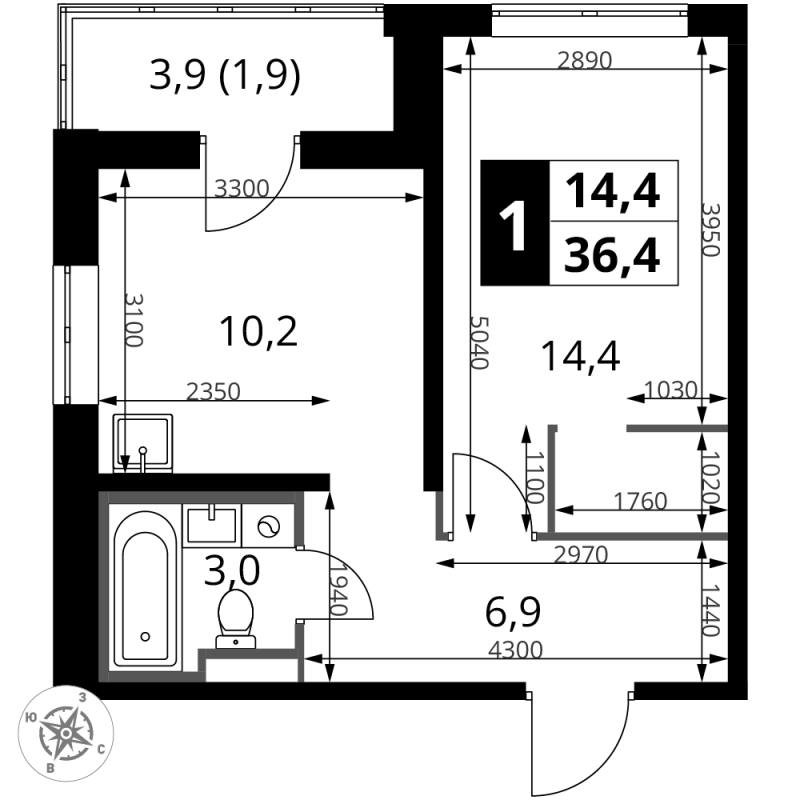 1 ккв 36,4 м²