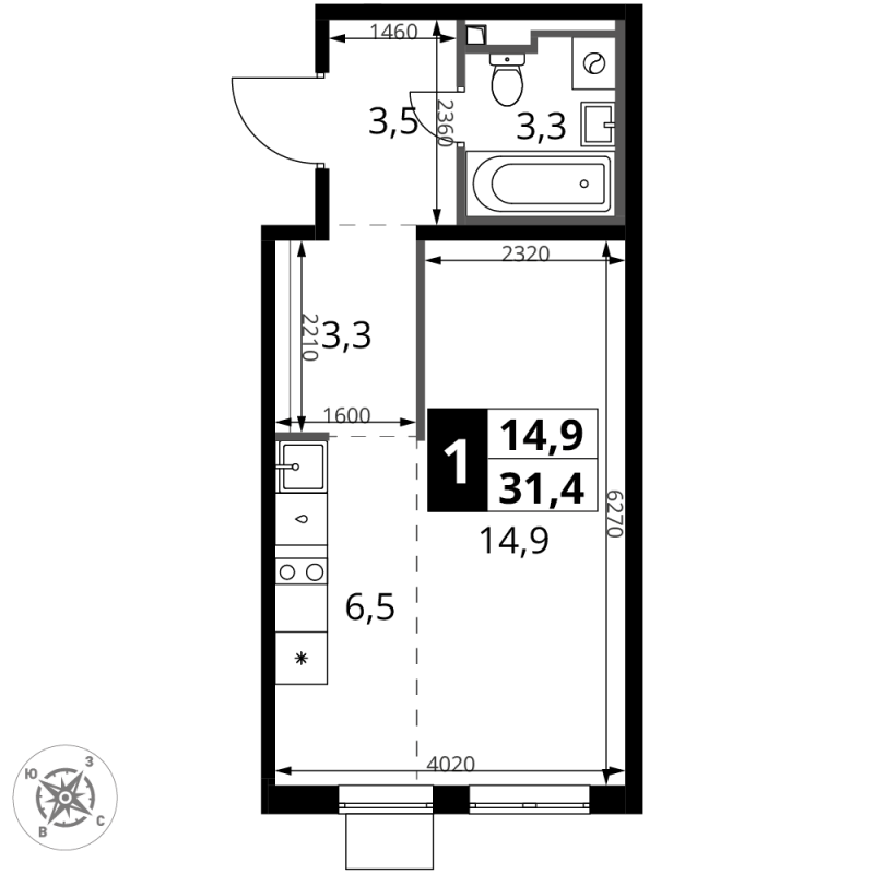 Студия 31,5 м²