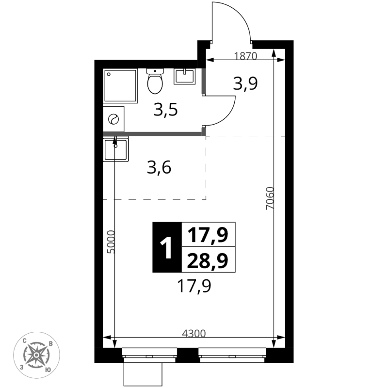 Студия 28,9 м²