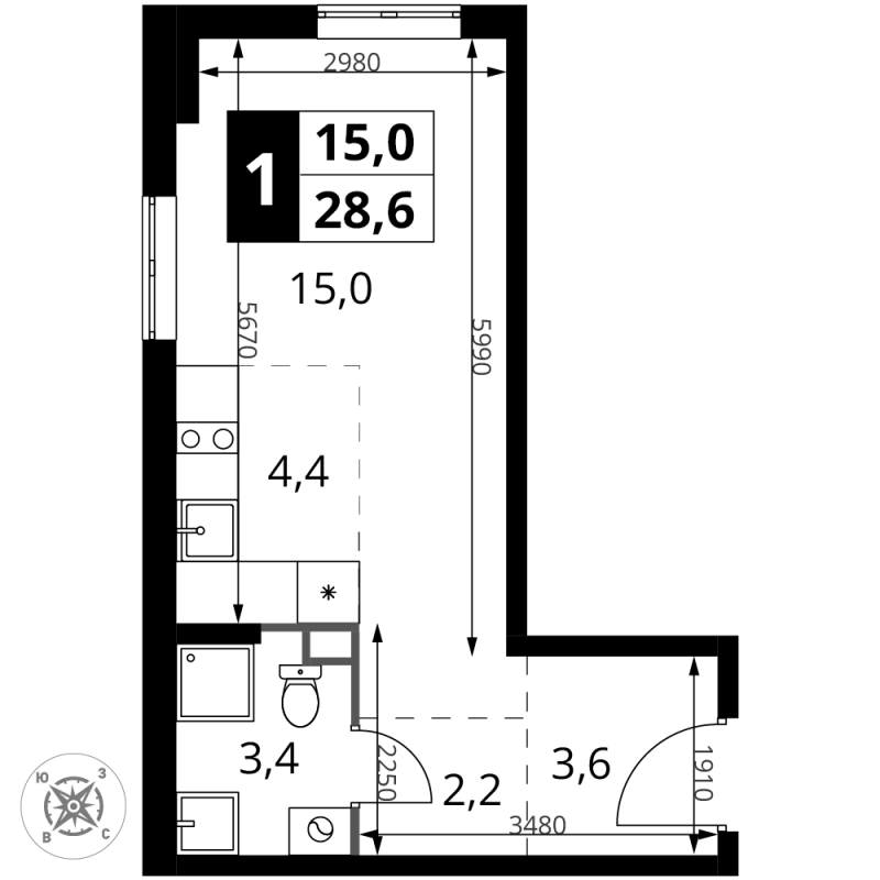 Студия 28,6 м²