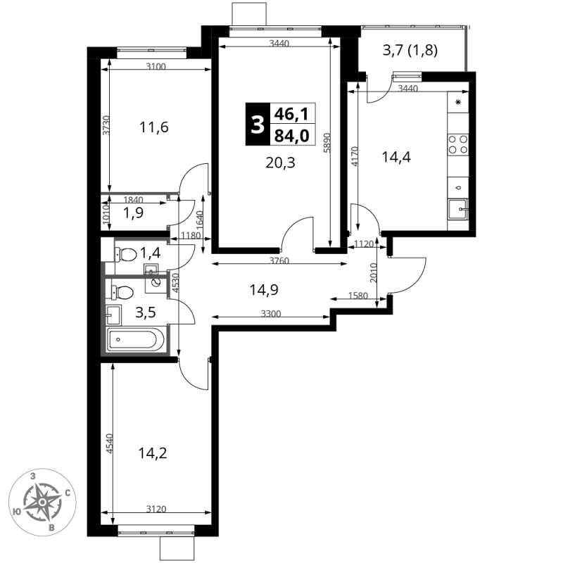 3 ккв 84 м²