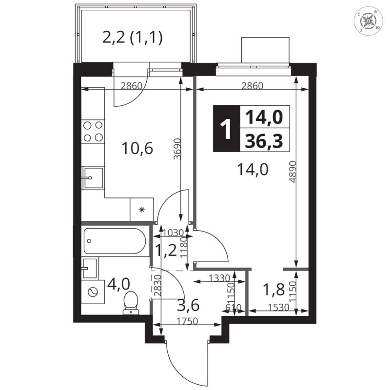 1 ккв 36,3 м²