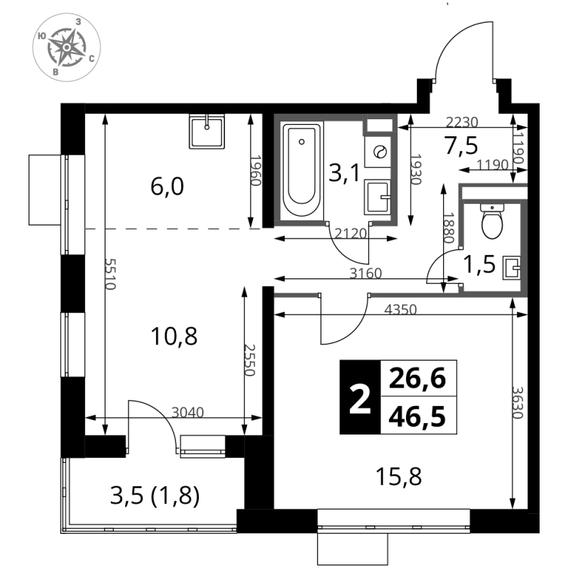 2 ккв (Евро) 46,5 м²