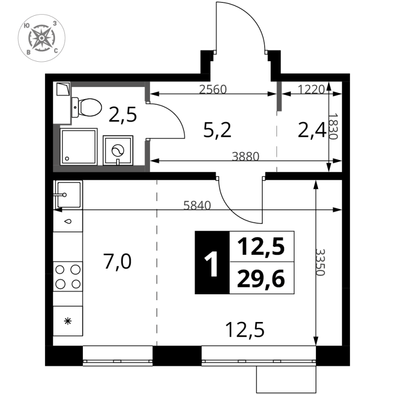 Студия 29,6 м²