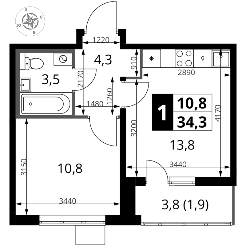 1 ккв 34,3 м²