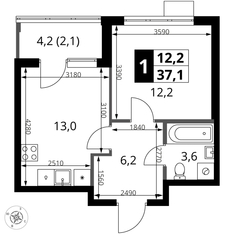 1 ккв 37,1 м²