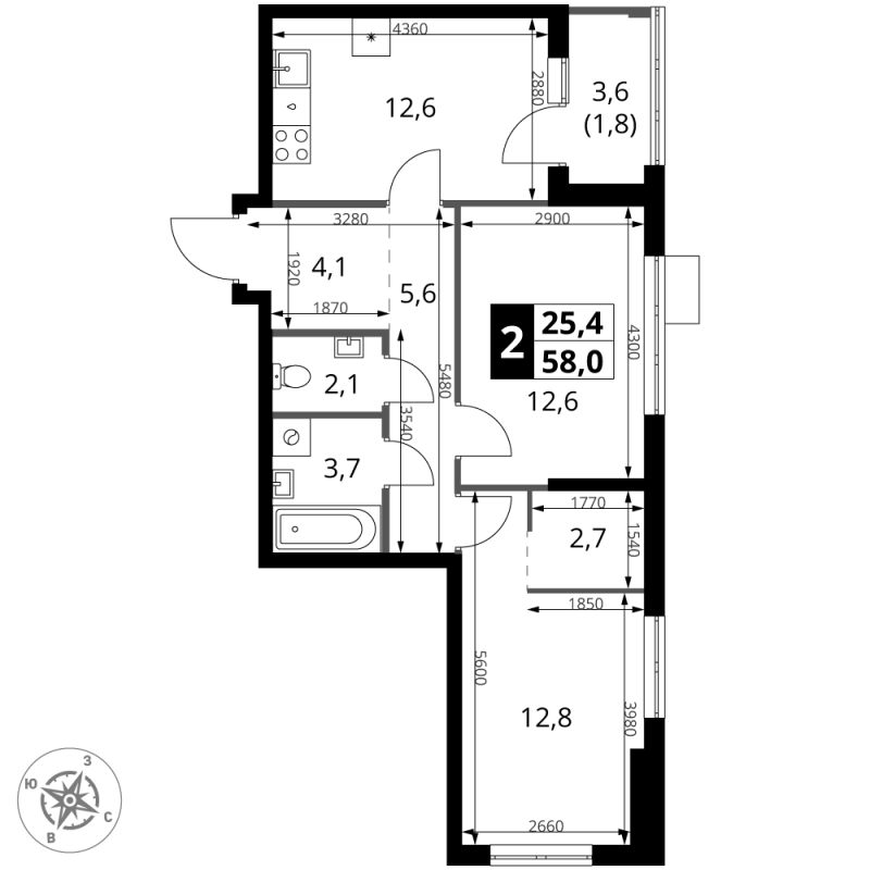 2 ккв 58,5 м²