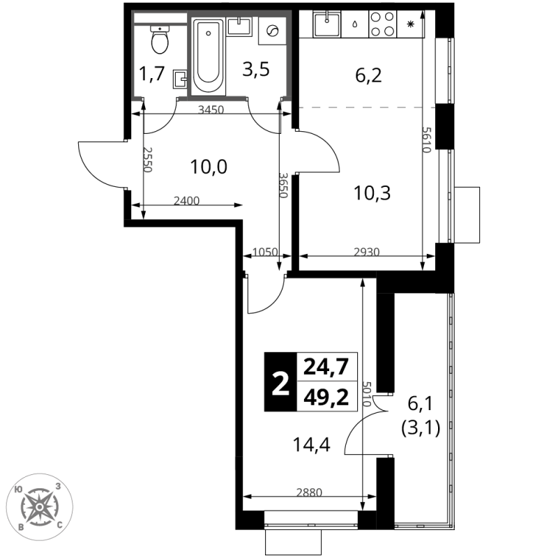 2 ккв (Евро) 49,2 м²