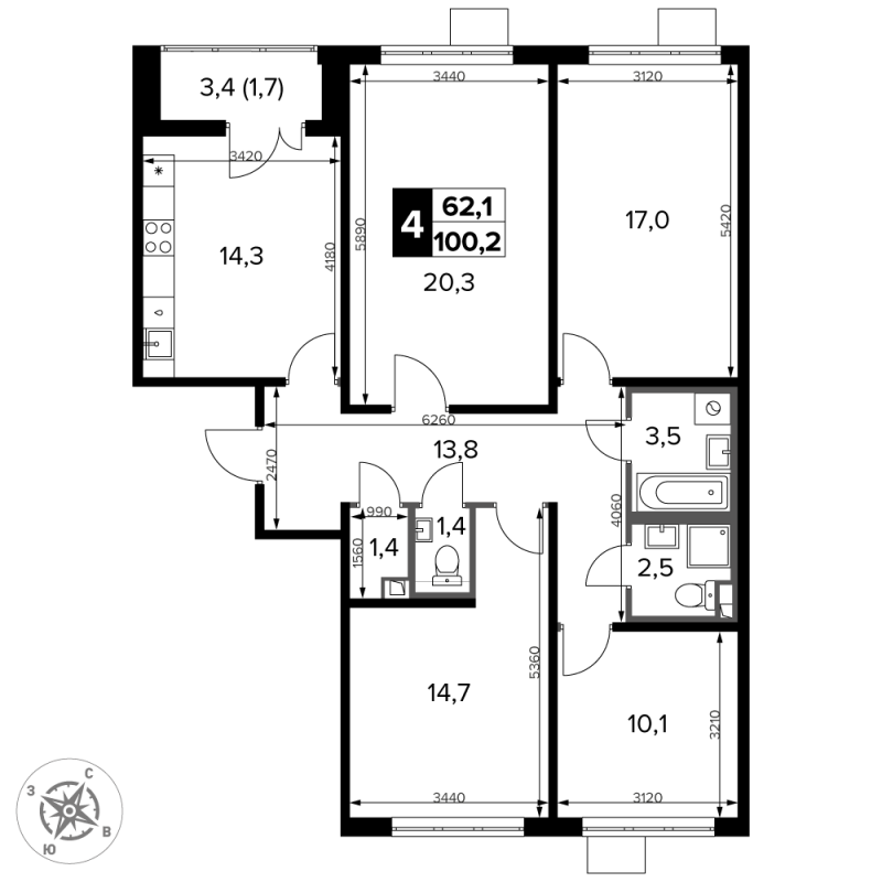 4 ккв 100,7 м²