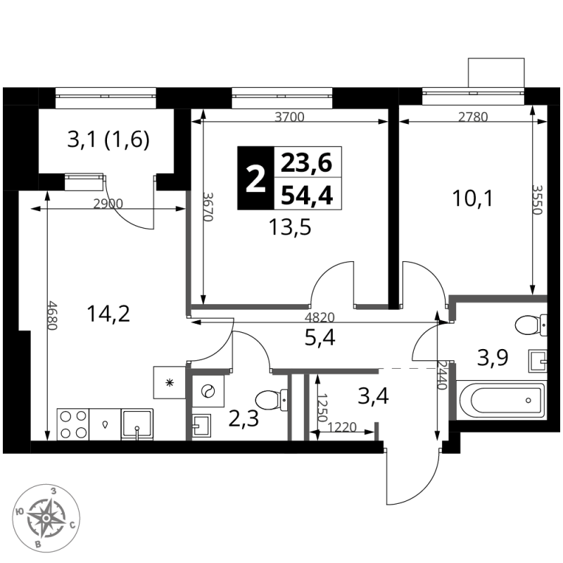 2 ккв 54,4 м²