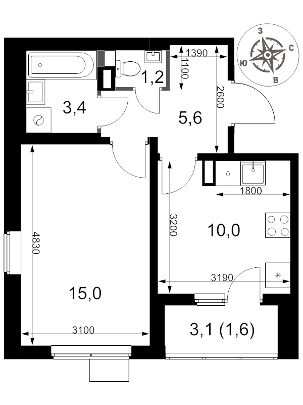 1 ккв 36,8 м²
