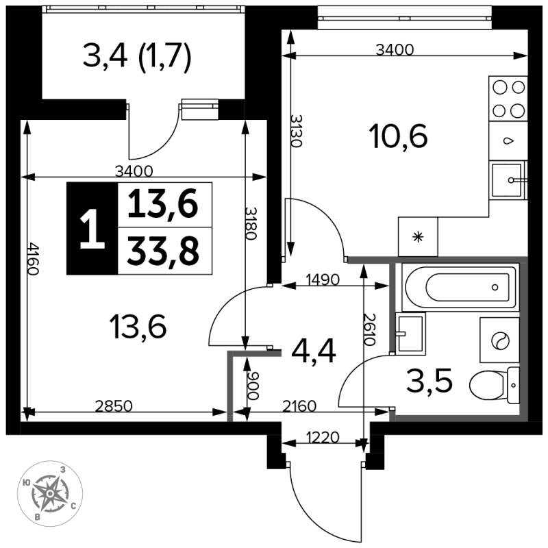 1 ккв 34,1 м²