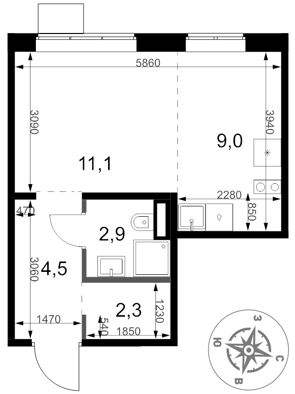 Студия 29,8 м²