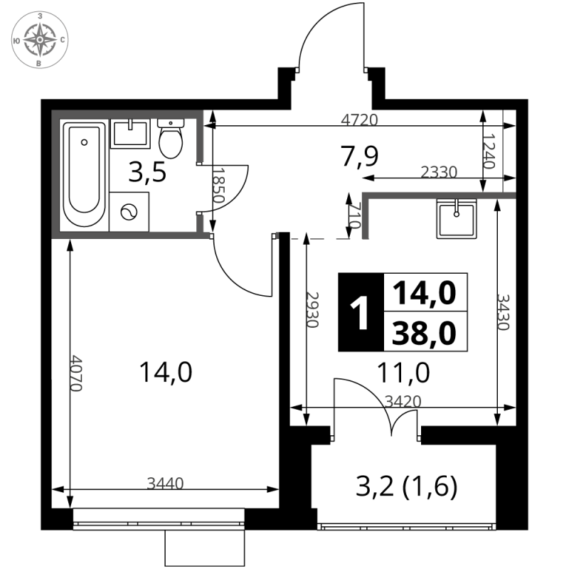 1 ккв 38 м²