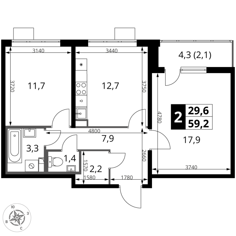 2 ккв 59,1 м²