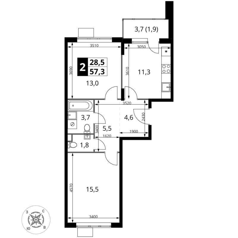 2 ккв 57,3 м²