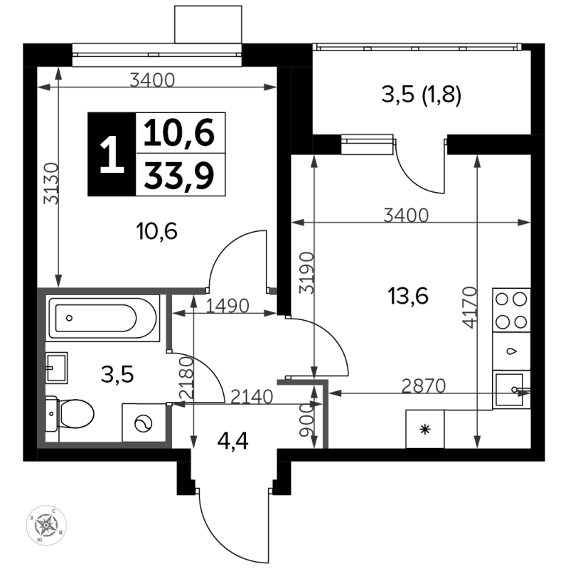 1 ккв 34,4 м²