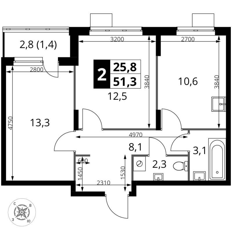 2 ккв 51,3 м²