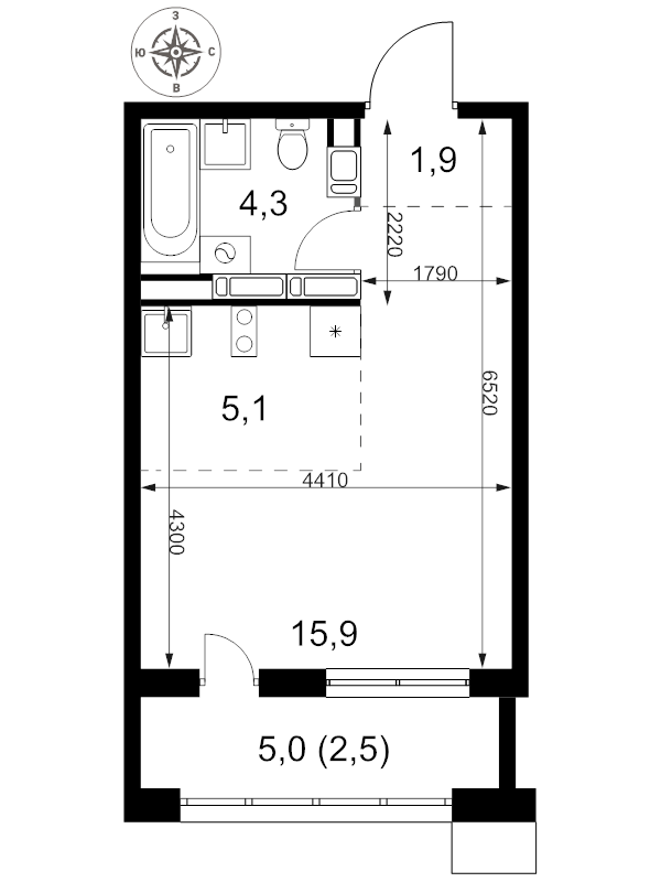 Студия 29,7 м²