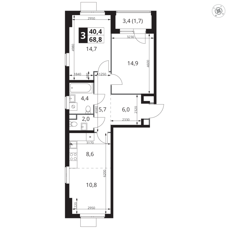 3 ккв (Евро) 68,8 м²
