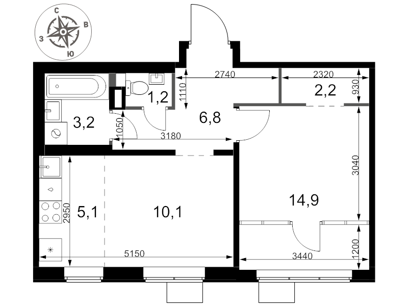 2 ккв (Евро) 43,5 м²