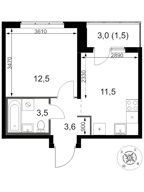 1 ккв 32,6 м²