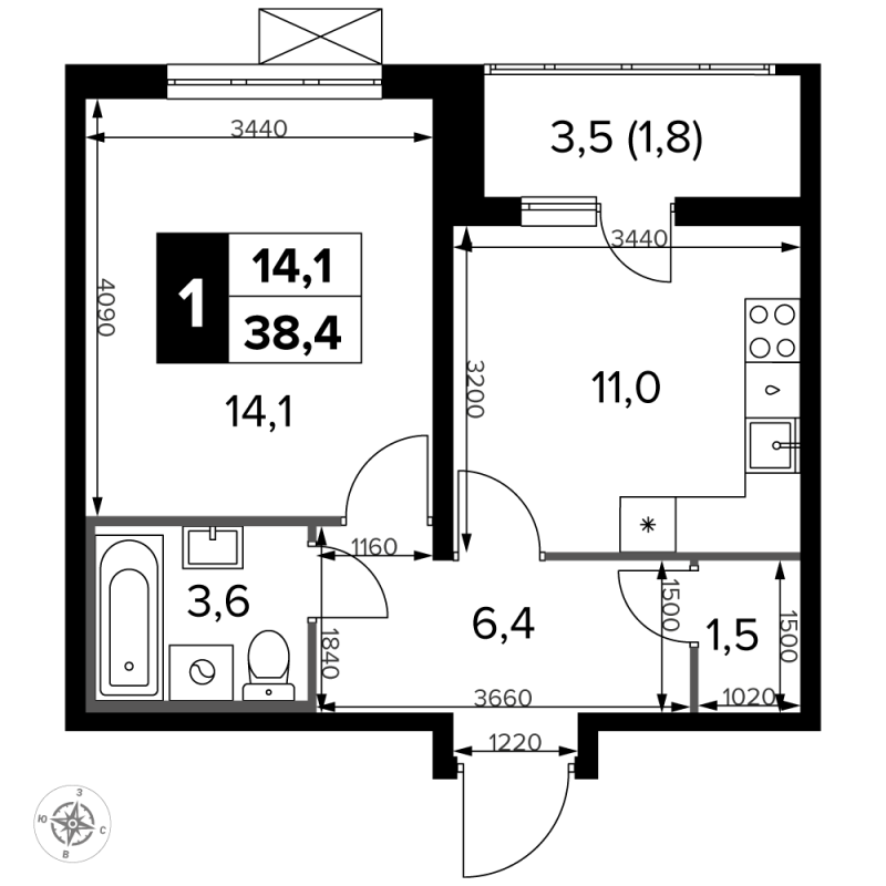 1 ккв 38,1 м²