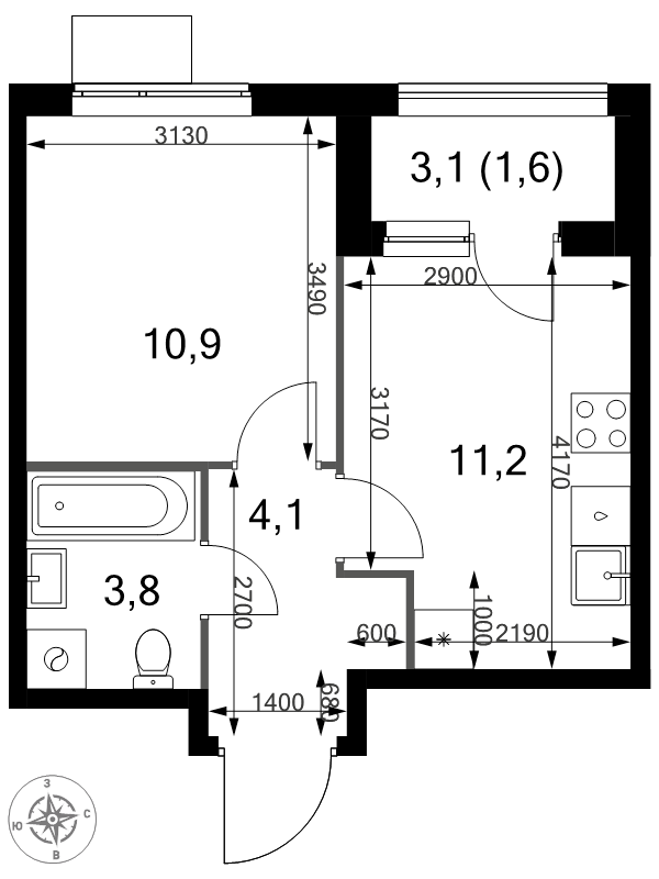 1 ккв 31,6 м²